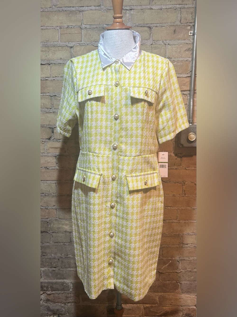 NWT Nanette Lepore Chartreuse & White Houndstooth Button-Front Midi Dress